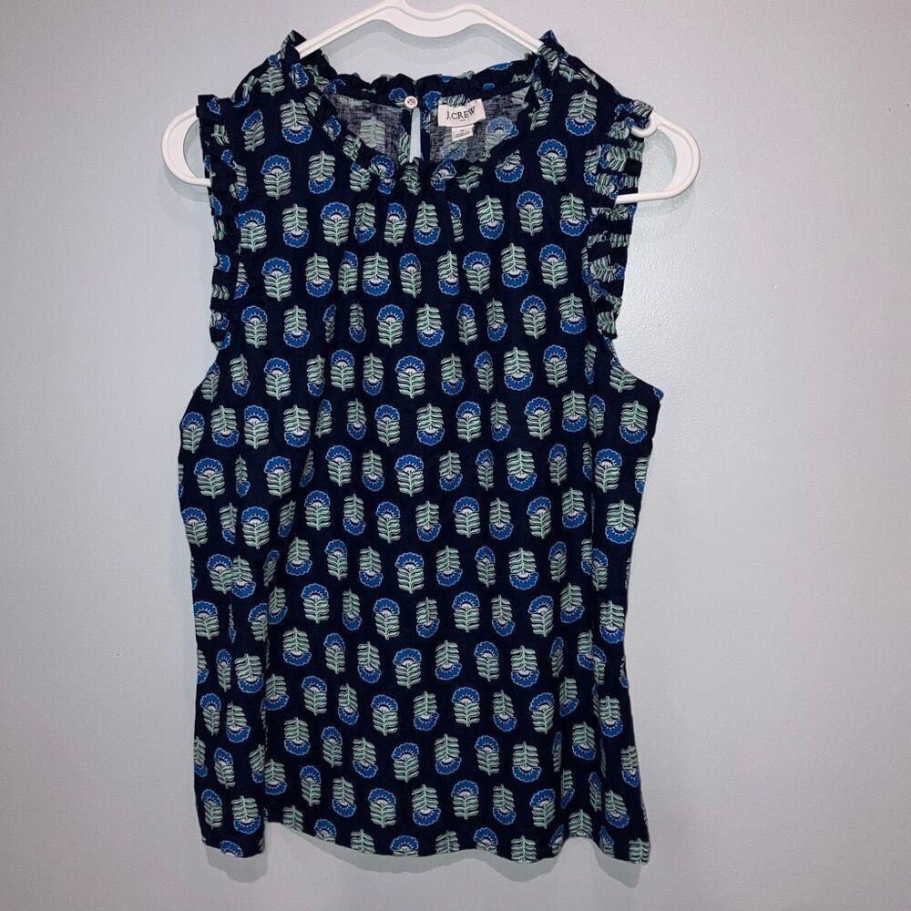 J. Crew Floral Print Blue Flutter Sleeve Top Linen Blend Size Small #782